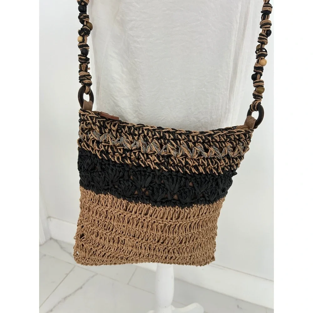 The Sak Crochet Straw Crossbody Bag Tan Black Boho Beaded Strap